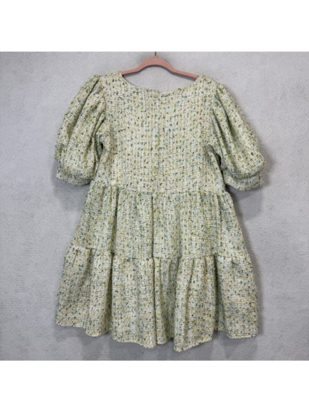 Sister Jane Dress Womens Large Green Tweed Puff Sleeve Trapeze Swing Mini - Picture 6 of 9